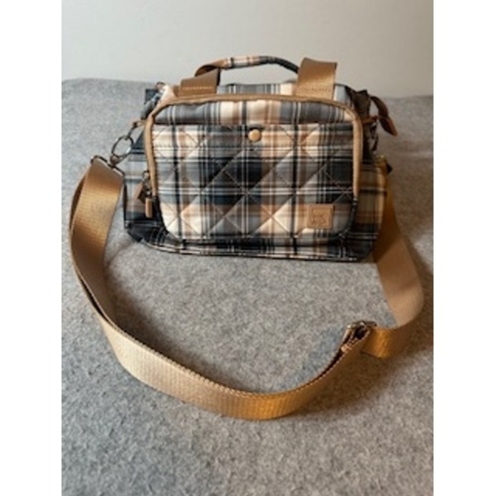 HKWP Plaid Quilted Crossbody Bag Satchel Tan Black White Multi-Pocket Organizer